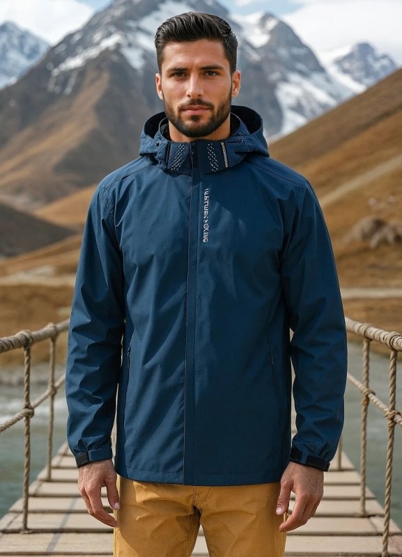 Essential men's waterproof hooded rain jacket. Windproof, lightweight outdoor activewear with secure pockets.