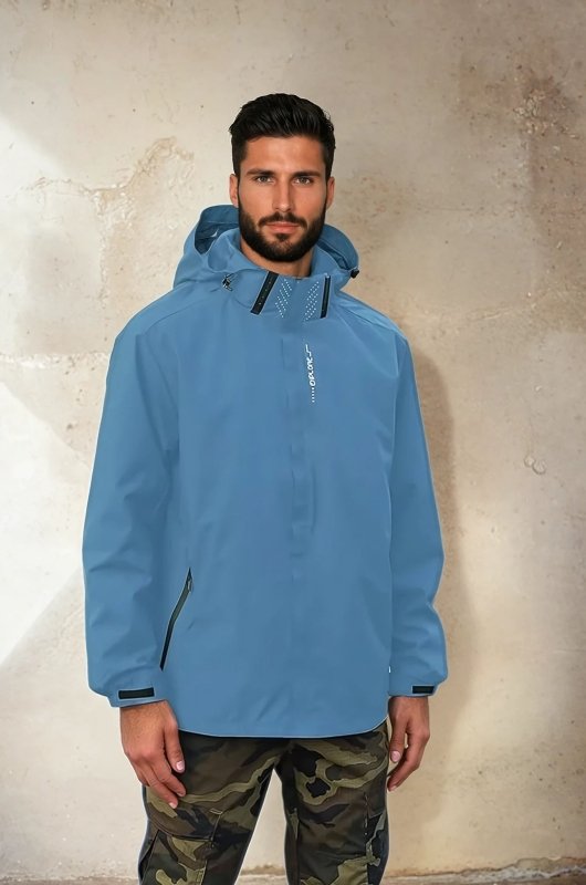 Protective men's hooded rain jacket. Waterproof, windproof, lightweight outerwear with secure pockets for men.