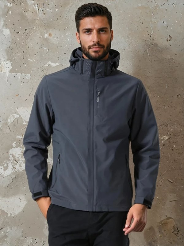 Lightweight men's hooded rain jacket for hiking & commuting. Waterproof, windproof activewear for all seasons.