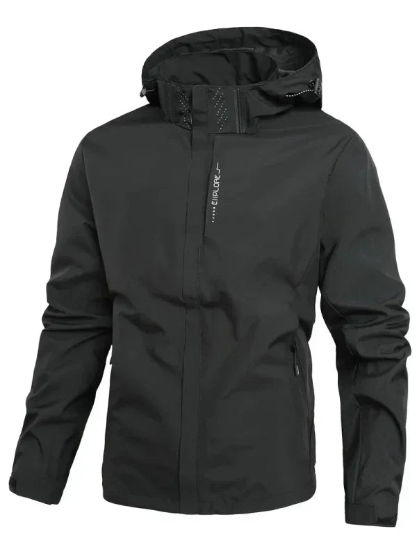 Men's commuter hooded rain jacket, waterproof & windproof. Lightweight men's outerwear with secure pockets.