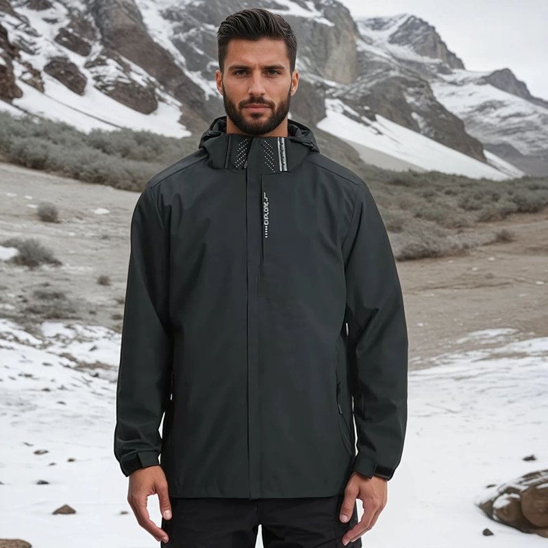 All-season men's outdoor rain jacket. Hooded, waterproof, windproof, lightweight, with secure zip pockets.