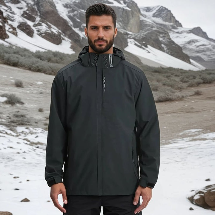 All-season men's outdoor rain jacket. Hooded, waterproof, windproof, lightweight, with secure zip pockets.