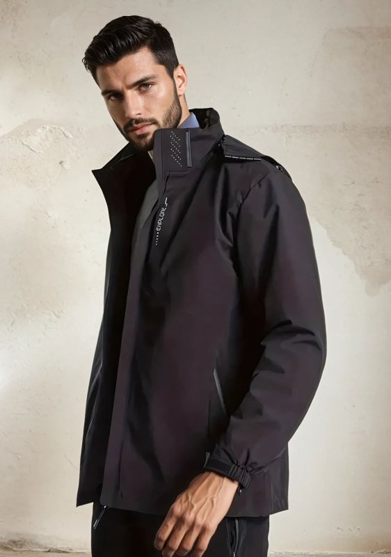 Waterproof & windproof men's rain jacket. Lightweight hooded design with secure pockets for active outdoor wear.