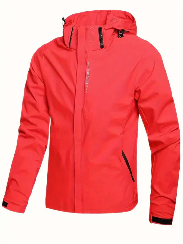 Back view of men's hooded rain jacket. Waterproof, windproof, lightweight outerwear for all seasons.