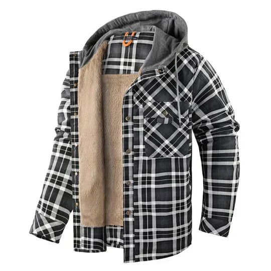 Men's plaid hooded shirt jacket (shacket) with button-up front, perfect for casual fall & winter layering.