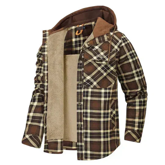 Comfortable men's plaid shacket with hood. Versatile button-up shirt jacket for casual outdoor style & layering.