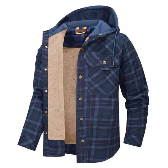Stylish men's hooded plaid shirt jacket. Ideal fall fashion outerwear, combining shirt comfort & jacket warmth.