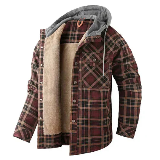 Close-up: men's hooded plaid shacket, showcasing soft fabric, button closure, & practical hood. Casual outerwear.