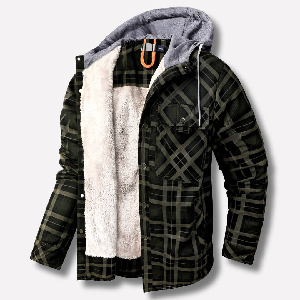 Men's plaid hooded shirt jacket for outdoor adventures. Warm, versatile shacket, great for layering in cool weather.