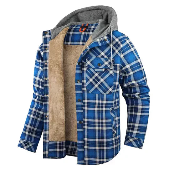 New men's plaid hooded shacket, a modern take on casual outerwear. Perfect layering piece for men's fashion.