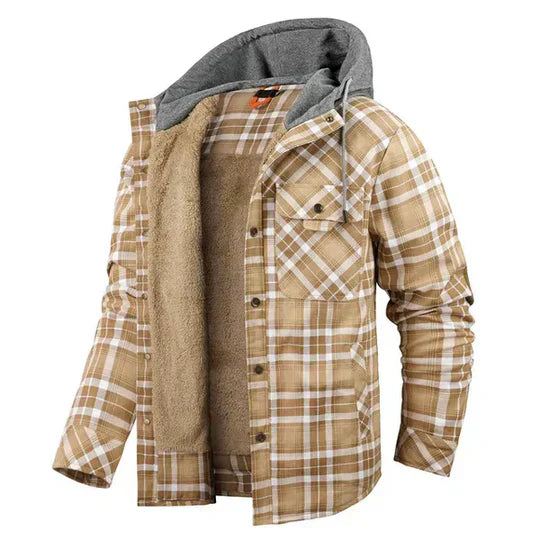 Soft men's hooded plaid shirt jacket. Comfortable, warm shacket for casual daily wear and fall/winter style.