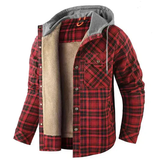 Men's plaid hooded shirt jacket, styled as a versatile shacket. A key piece for casual, comfortable men's layering.