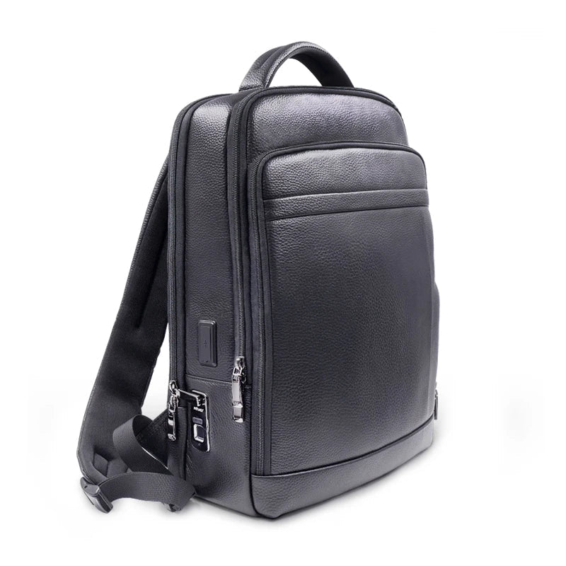 Men's premium leather anti-theft backpack with advanced fingerprint lock for secure travel & work.