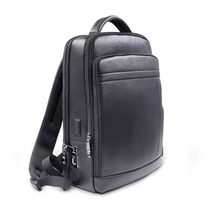 Men's premium leather anti-theft backpack with advanced fingerprint lock for secure travel & work.