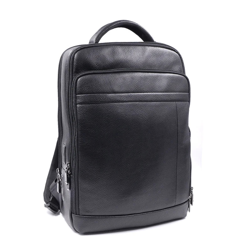 Secure men's genuine leather backpack featuring a modern fingerprint lock, ideal for anti-theft protection during travel.