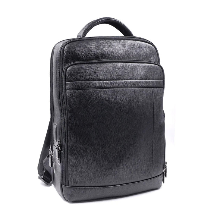 Secure men's genuine leather backpack featuring a modern fingerprint lock, ideal for anti-theft protection during travel.