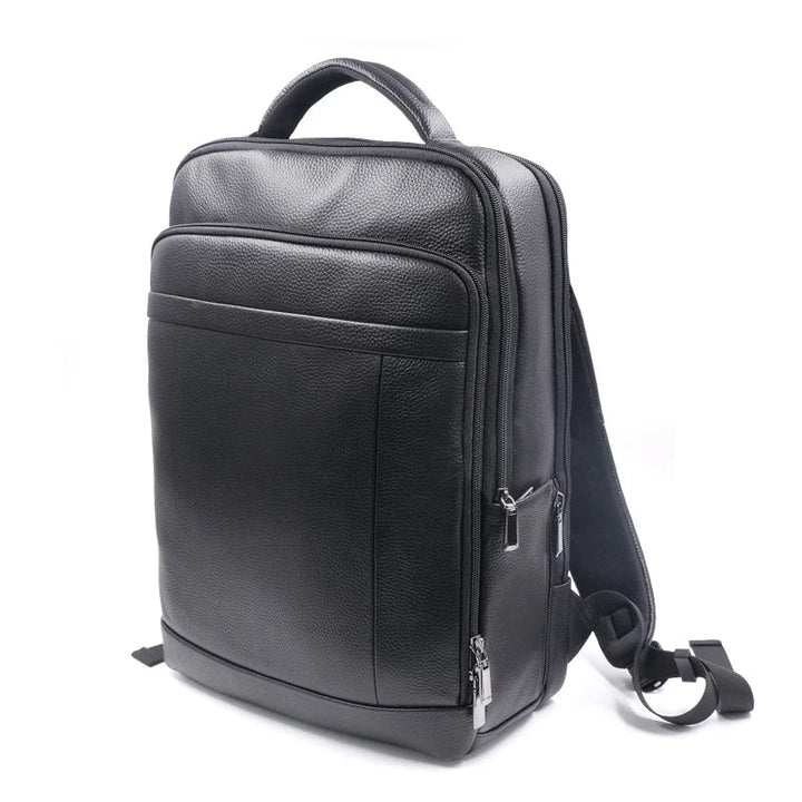 Professional men's leather anti-theft backpack with biometric fingerprint lock for secure work & daily use.