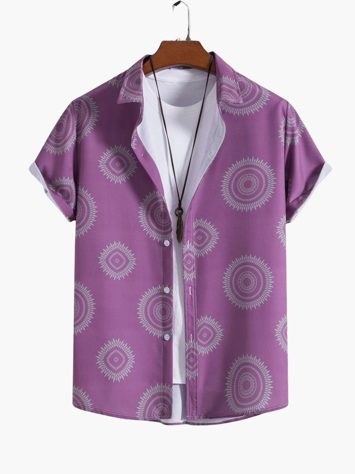 Men's purple Hawaiian button-up shirt, short sleeve, relaxed fit, perfect for summer casual wear and beach vacations.