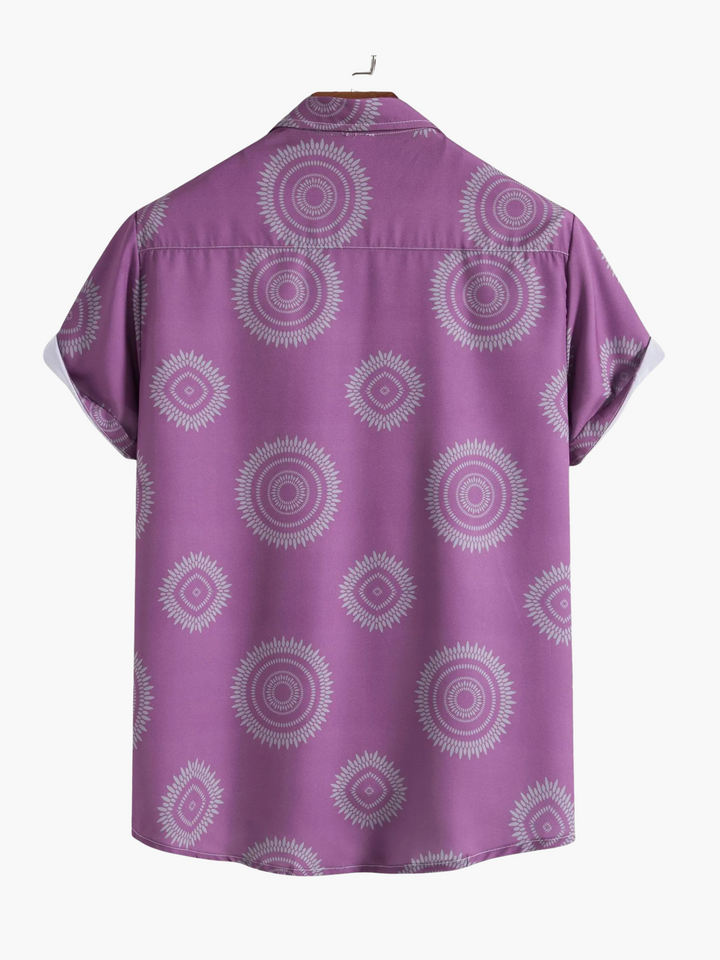 Stylish men's short-sleeve purple Hawaiian shirt. Relaxed fit button-up for casual summer, beach & vacation outfits.