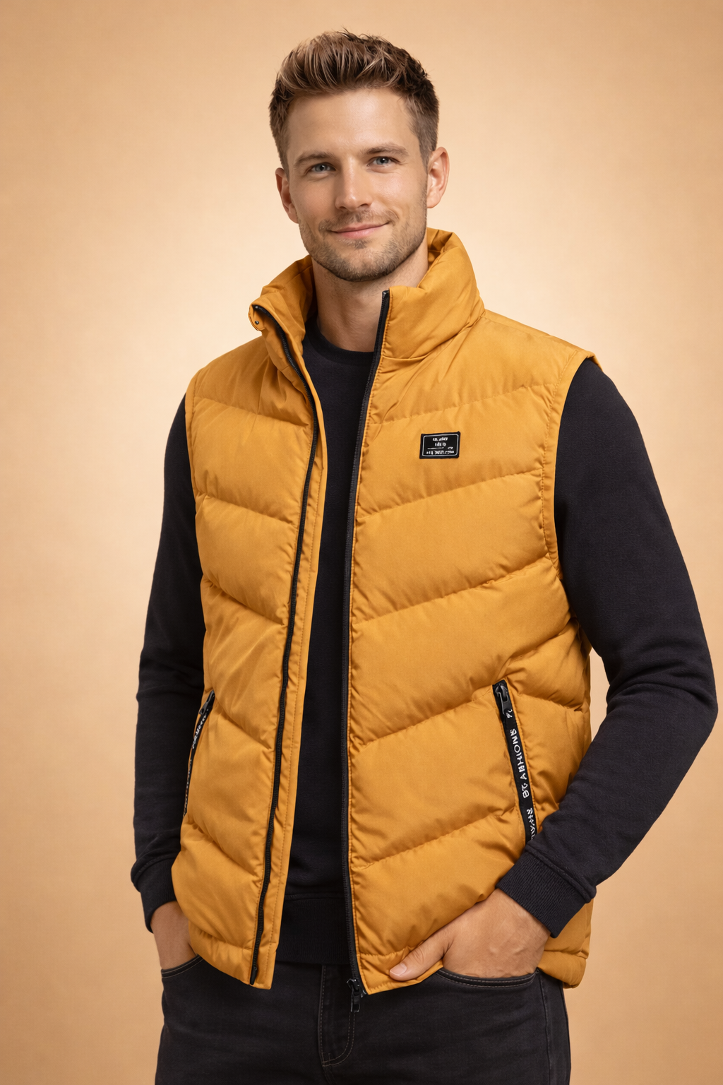 Men's quilted puffer vest in black, perfect warm bodywarmer for winter & fall layering. Stylish sleeveless jacket.
