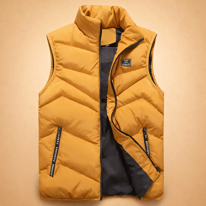 Warm men's puffer vest with quilted design, perfect bodywarmer for chilly fall days. Sleeveless winter jacket.