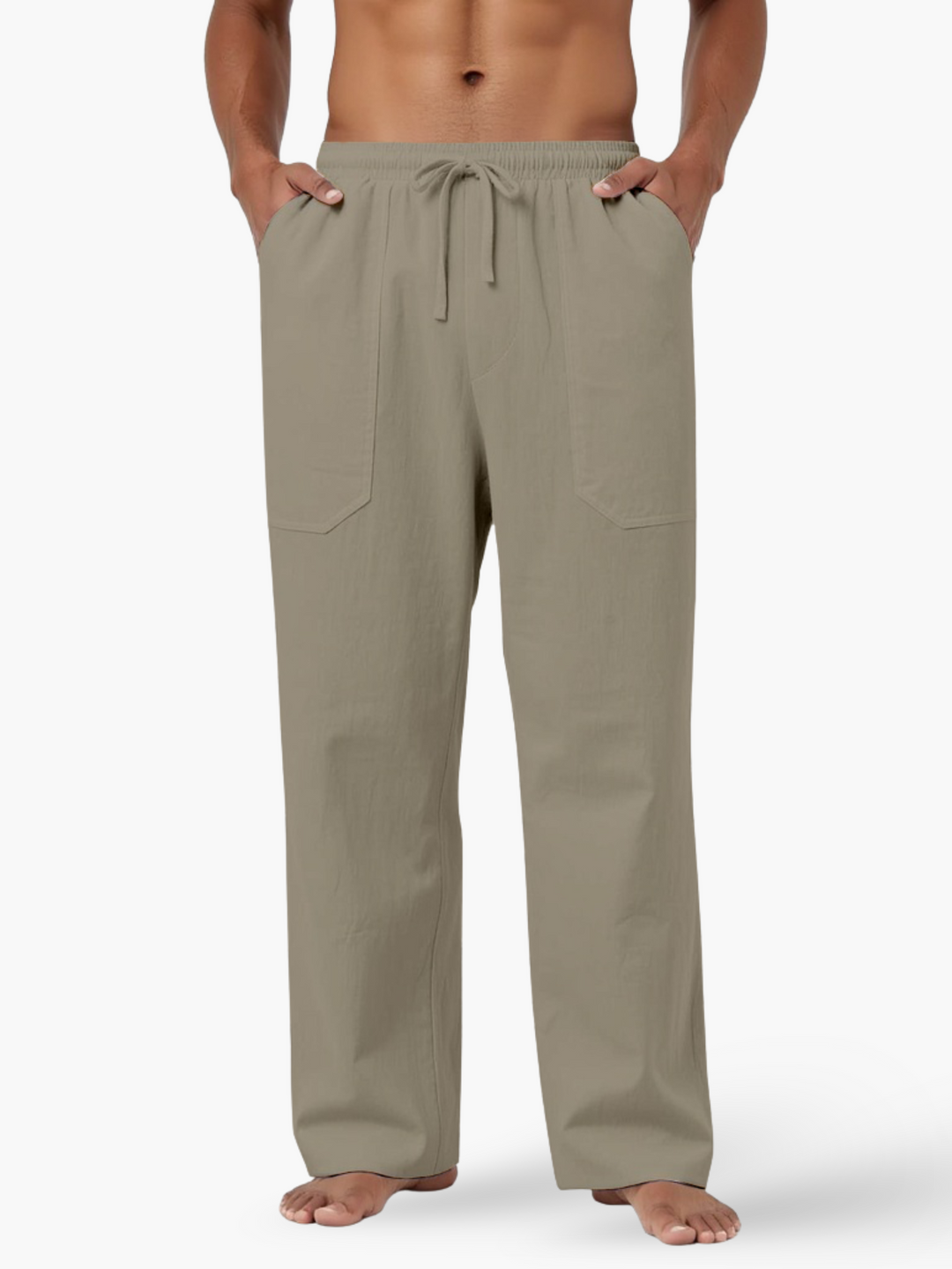 Lightweight men's drawstring pants, perfect for comfortable vacation attire, beachwear, or resort casual.