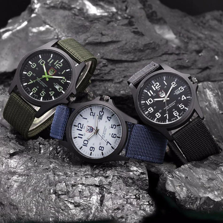 Men's robust military-style watch with illuminated dial, quartz movement, and durable design for tactical use.