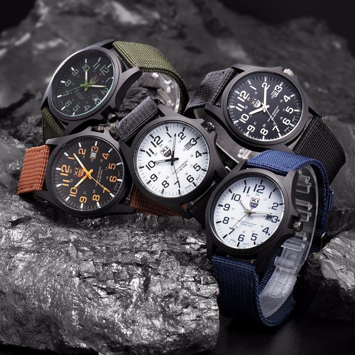 Rugged men's outdoor watch featuring a water-resistant stainless steel case and tough nylon strap, ideal for adventure.