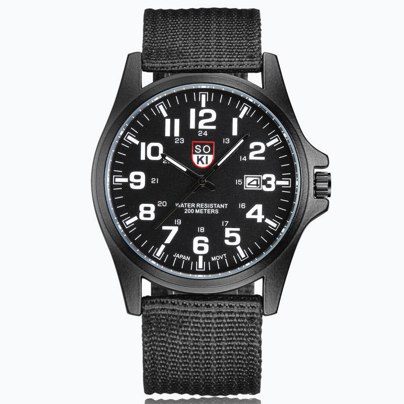 High-performance men's rugged watch with an illuminated dial, durable stainless steel case, and water-resistant features.