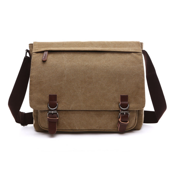 Men's rugged canvas shoulder bag in a natural tone, showcasing its durable texture and versatile design for daily use.