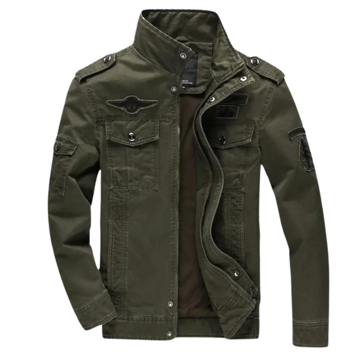 Transitional men's utility jacket with zipper closure, ideal for spring & fall. Rugged, functional outerwear.