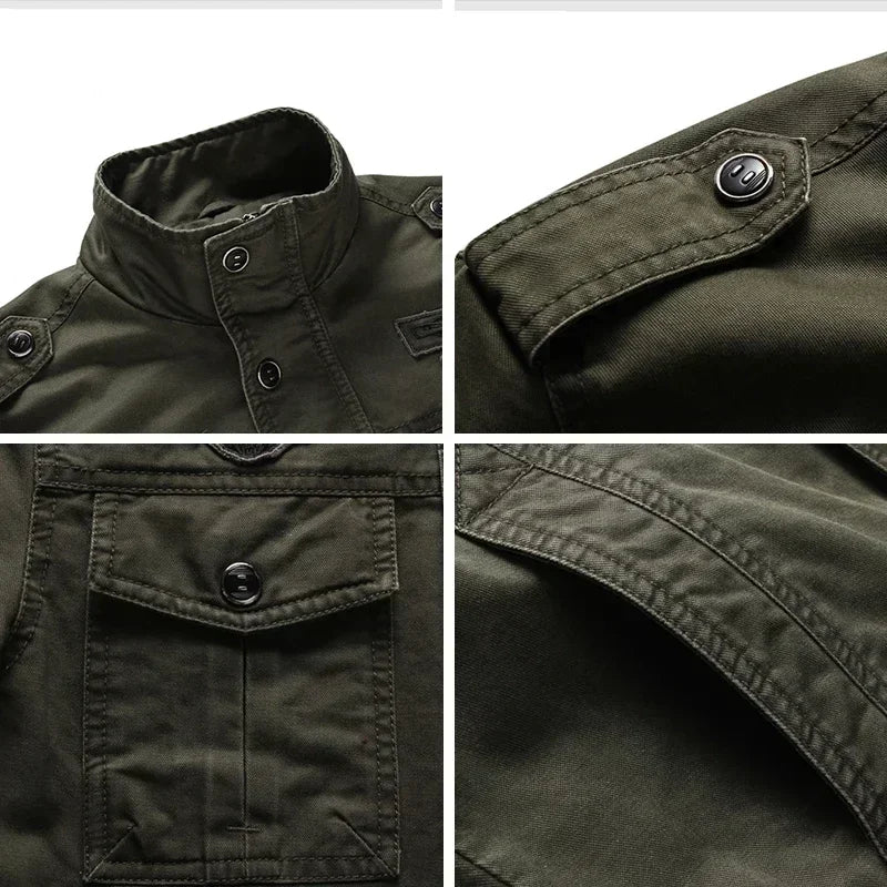 Full shot of men's rugged military jacket, showcasing its functional design & durable mid-season appeal.