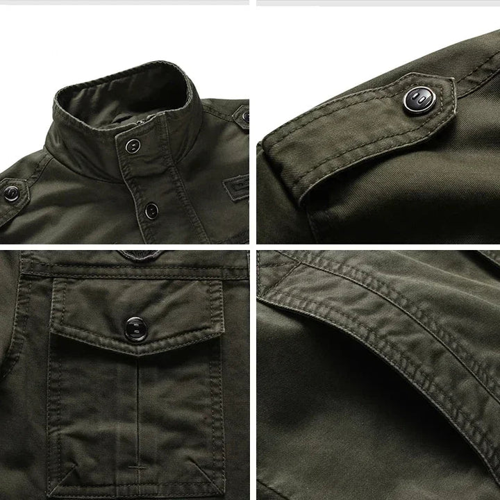 Full shot of men's rugged military jacket, showcasing its functional design & durable mid-season appeal.