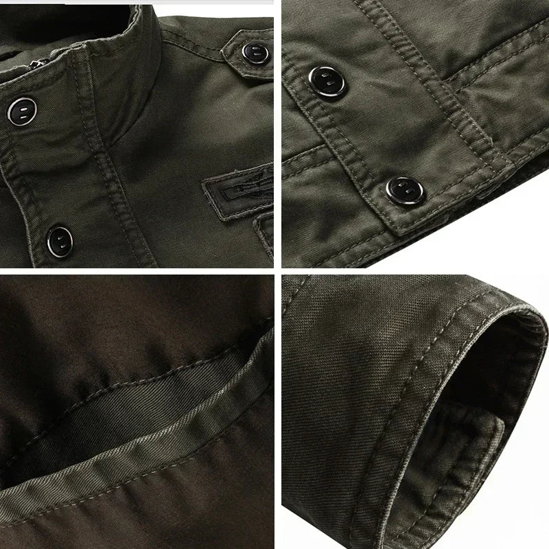 Men's rugged mid-season military jacket, designed for utility & casual comfort. Essential spring/fall outerwear.