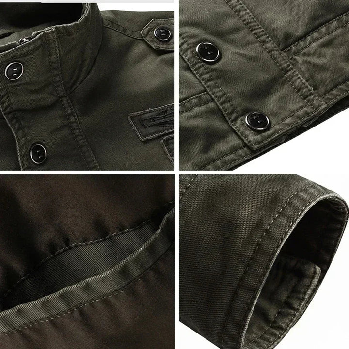 Men's rugged mid-season military jacket, designed for utility & casual comfort. Essential spring/fall outerwear.