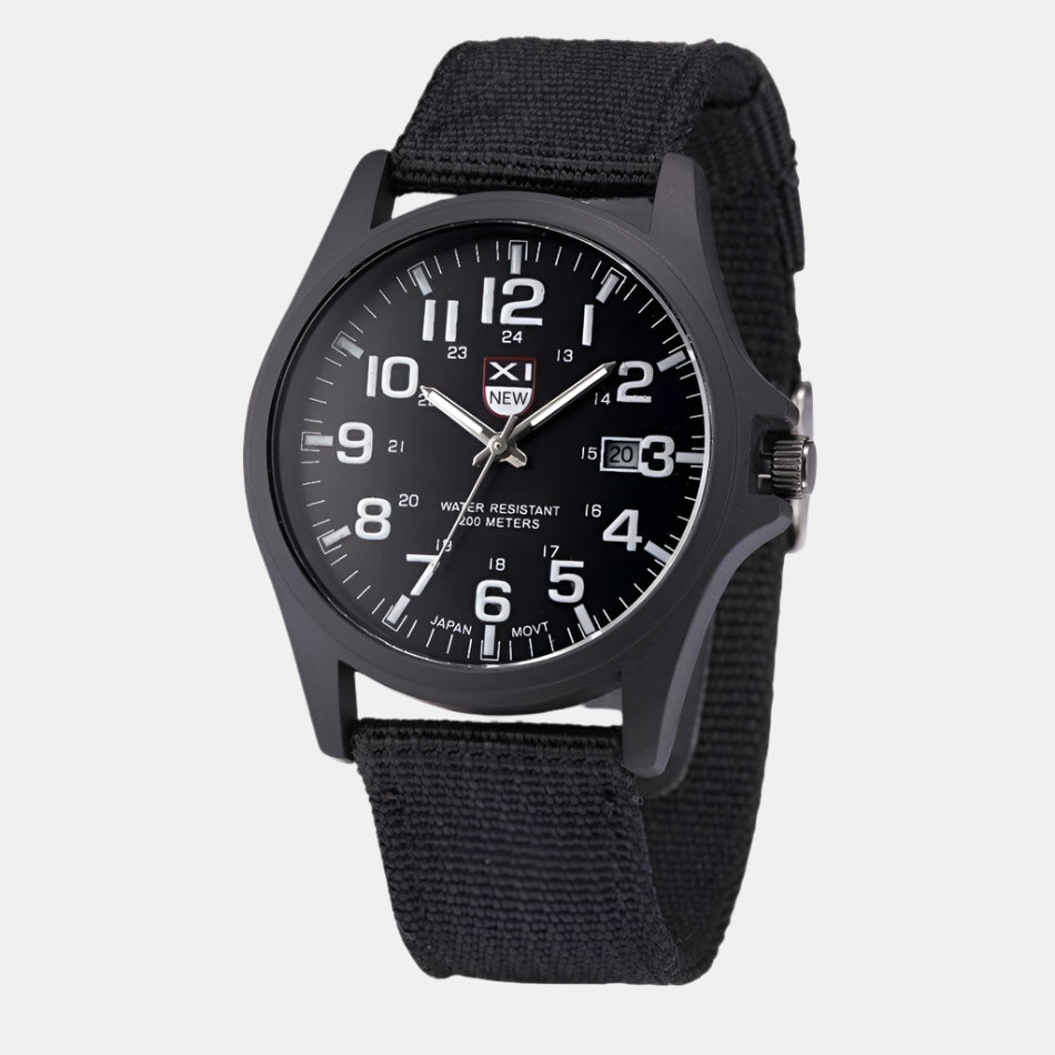 Men's rugged outdoor watch, tactical design, water-resistant, featuring a durable silicone strap & stainless steel build.