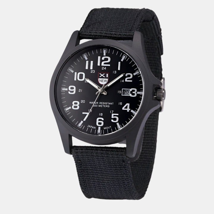 Men's rugged outdoor watch, tactical design, water-resistant, featuring a durable silicone strap & stainless steel build.
