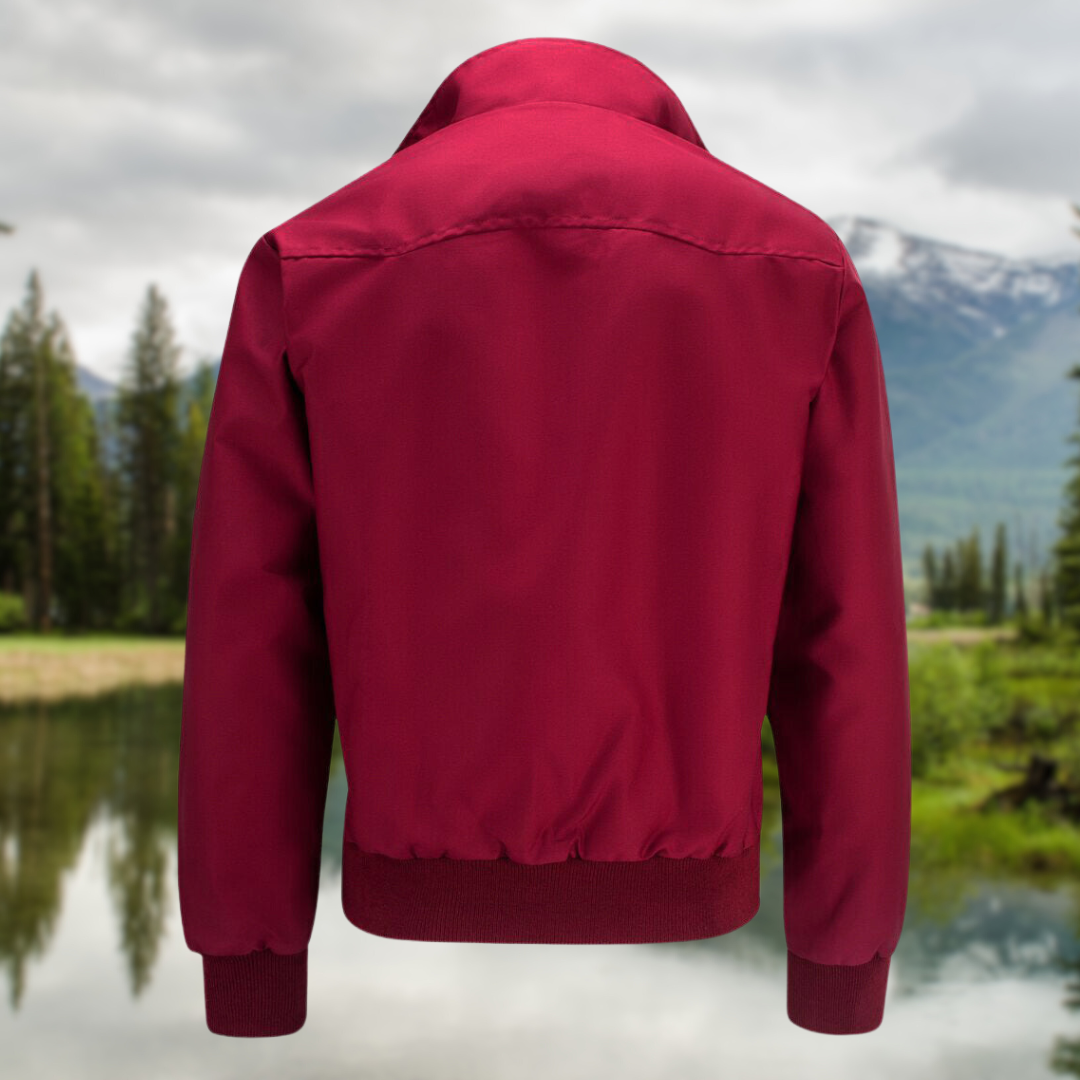 Details of men's Harrington jacket: button collar, zip front. Essential men's fashion.