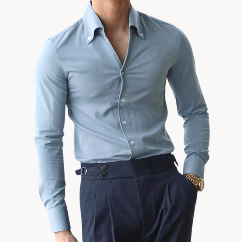 Men's slim fit long sleeve tight shirt in a modern style, ideal for business casual or formal wear.
