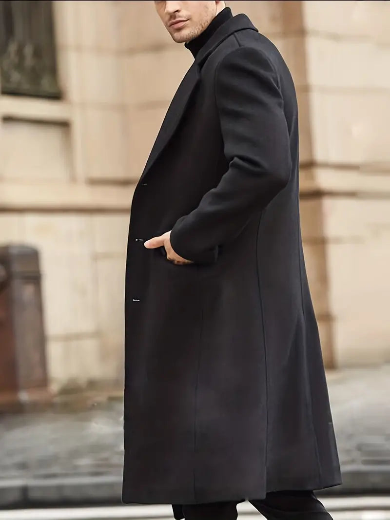 Elegant men's slim fit trench coat, long style with notched lapels. Perfect classic outerwear for fall.