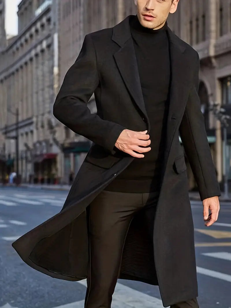 Stylish men's slim fit long trench coat, ideal classic outerwear for modern fall and winter fashion.