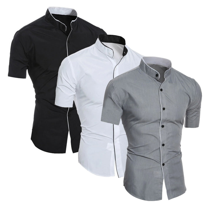 Stylish men's apparel: a slim fit, short sleeve button-up shirt, offering a modern, tailored, and tight fit.