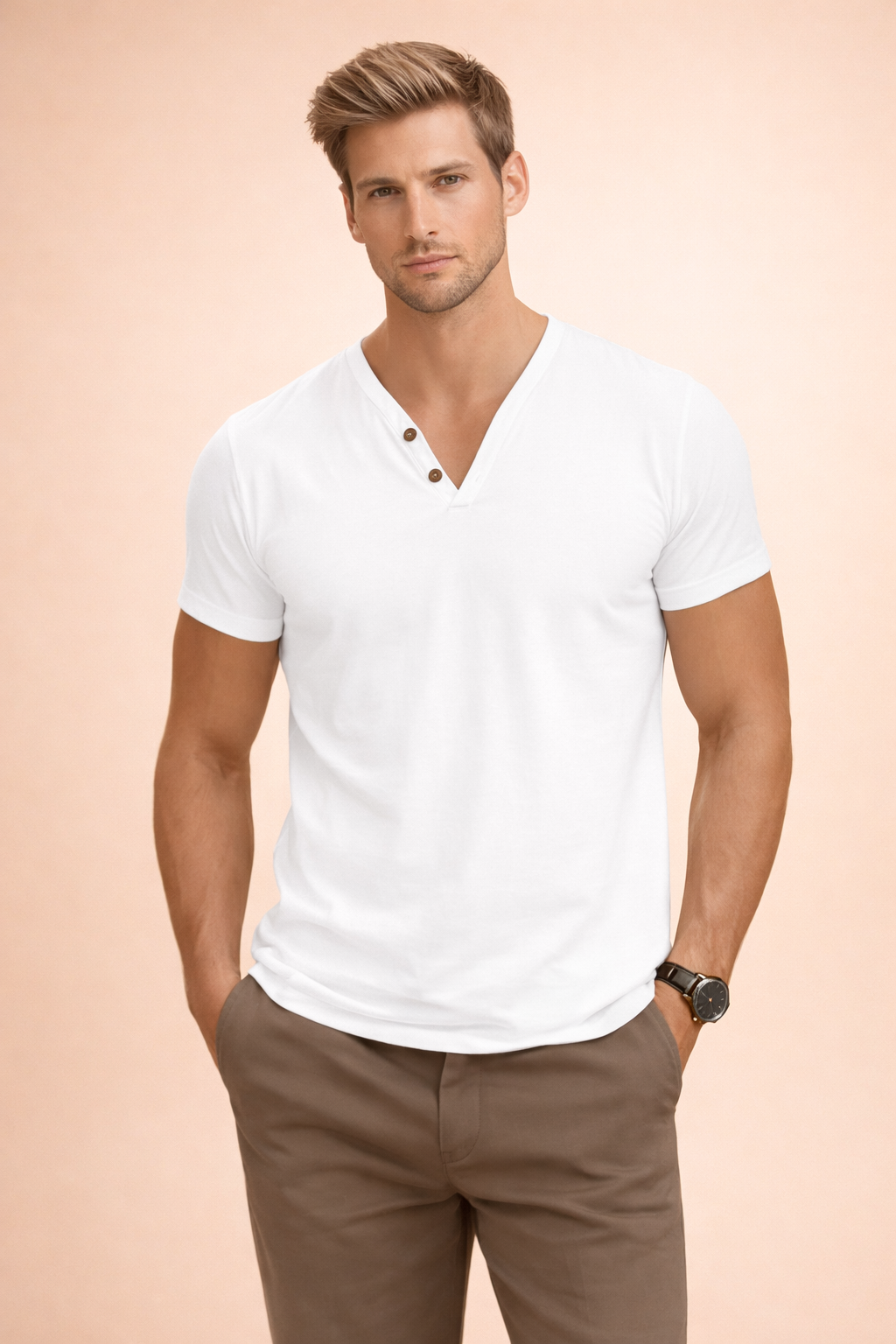 Product shot: Men's slim fit V-neck t-shirt. A comfortable, modern, short sleeve tee for versatile casual outfits.