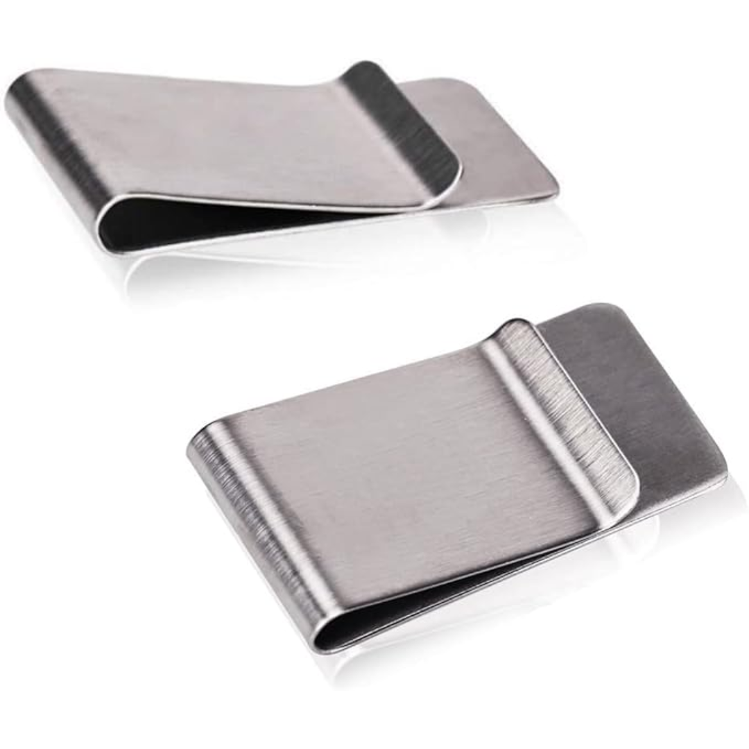 Silver stainless steel slim card holder for men, secure ID & credit cards. Matching money clip.