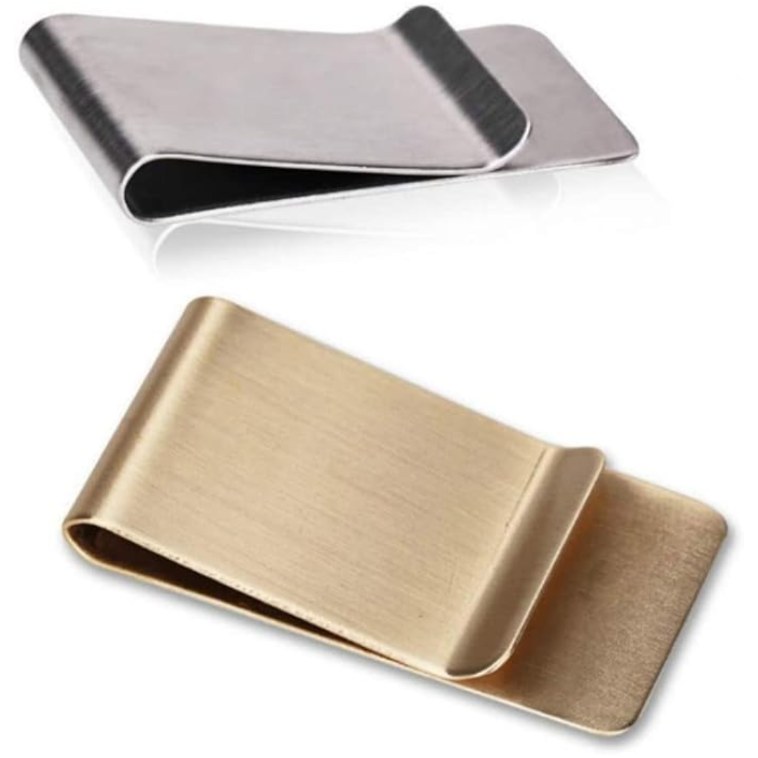Black minimalist stainless steel money clip & card holder, sleek accessory for men. Slim wallet alternative.