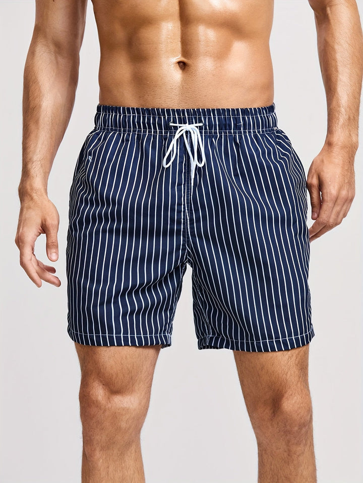 Stylish men's striped swim shorts, perfect for summer fashion, beachwear & vacation.