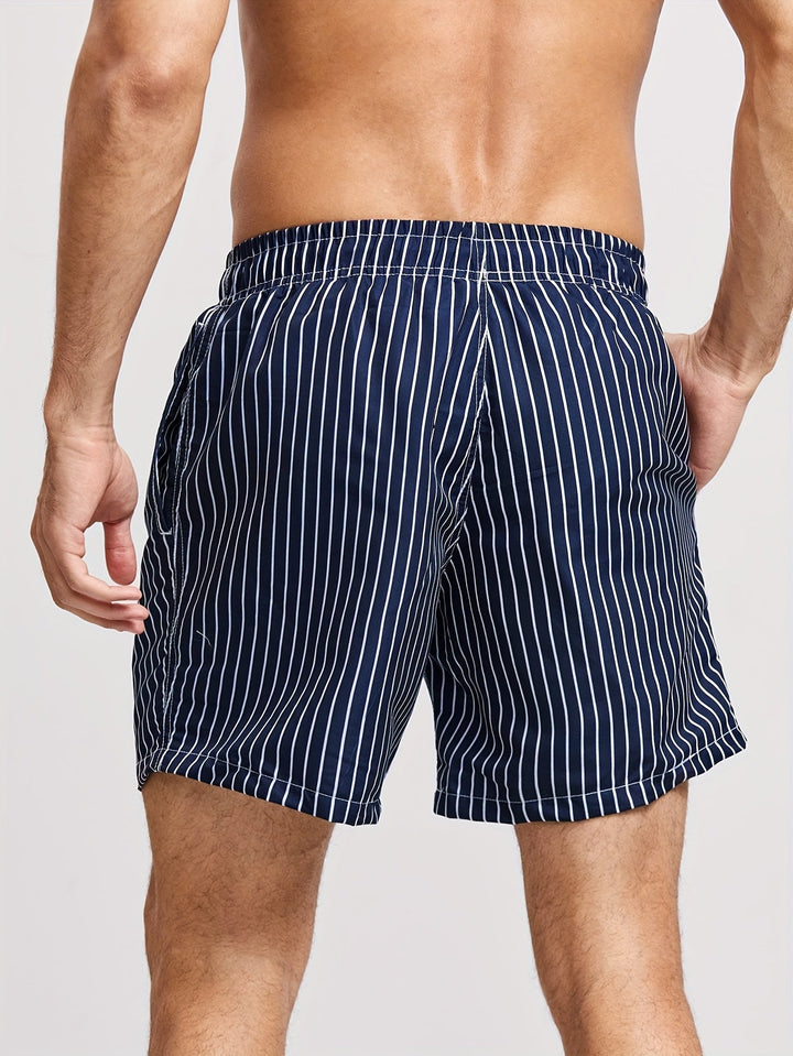 Quick-dry men's striped swim shorts featuring an adjustable drawstring waist for comfort.