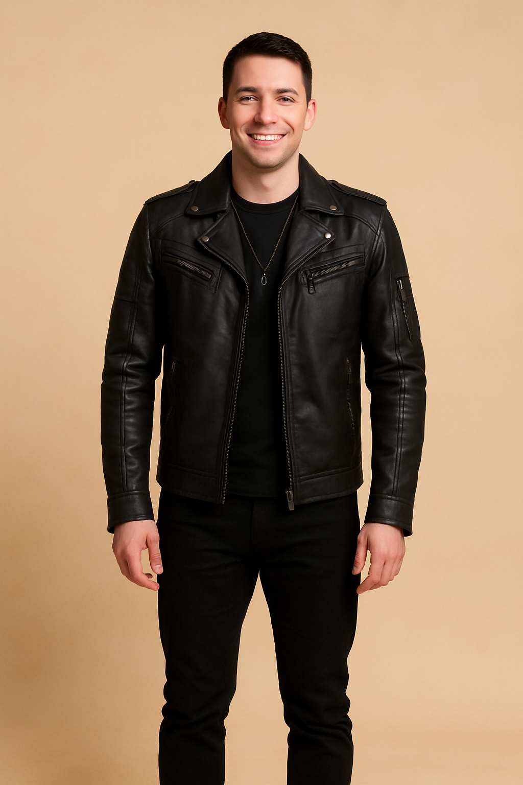 Men's stylish black leather motorcycle biker jacket for urban adventures, featuring a modern fit and zip closure.