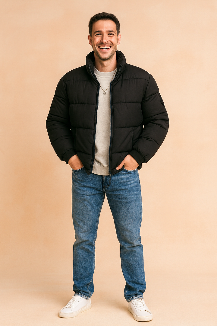 Warm men's quilted puffer jacket, insulated for extreme cold weather. Durable outerwear for outdoor winter activities.