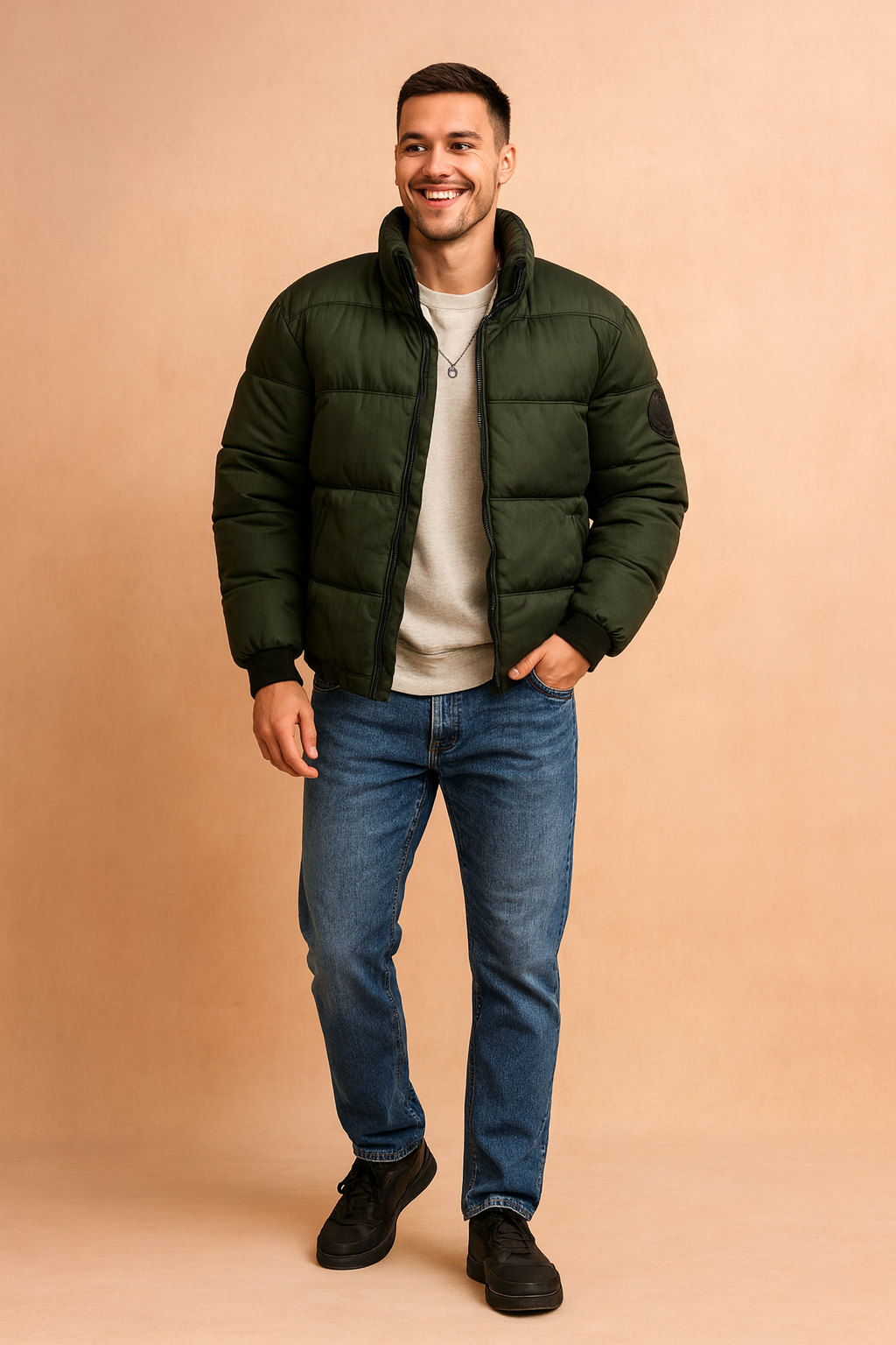 Stylish men's black puffer jacket with hood, ideal for cold winter days, casual urban fashion & everyday warmth.